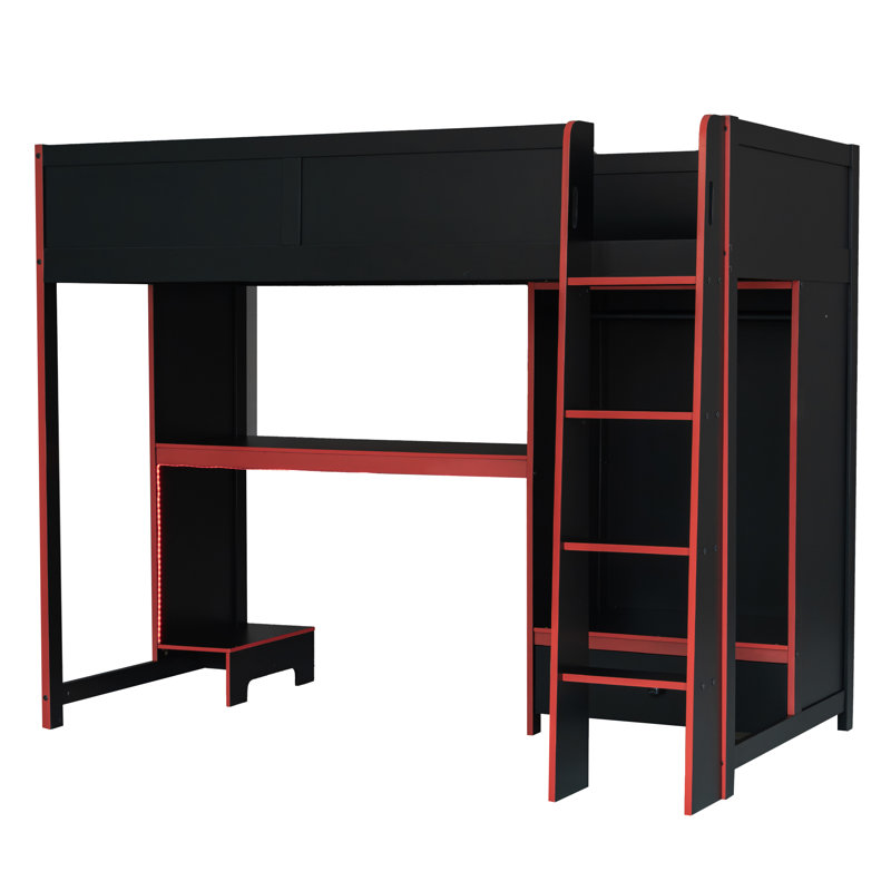 Wood Black Gaming Loft Bed with Desk, Wardrobe, LED Lights and Storage Drawer, Wood Frame for Kids Teens, Twin