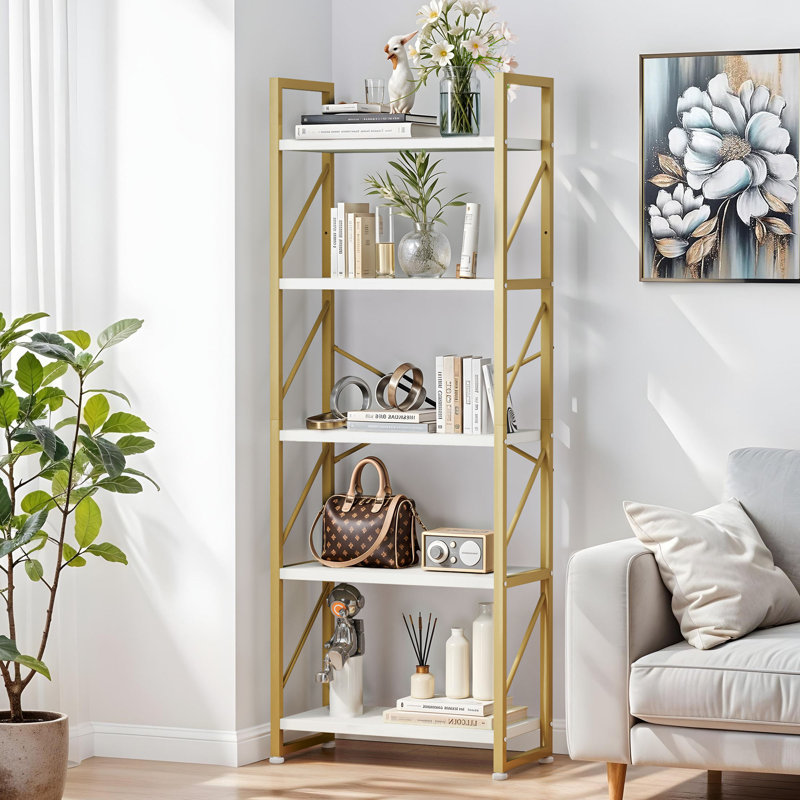 Industrial Bookcase, Corner Shelf Unit, Shelving Unit,  For Living Room, Study, Home Office, White/Gold