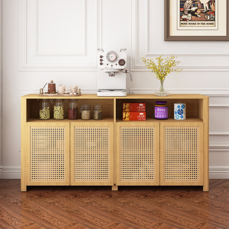 Buffet Mid-Century en rotin avec rangement, crédence de bar à vin rétro, Naturel