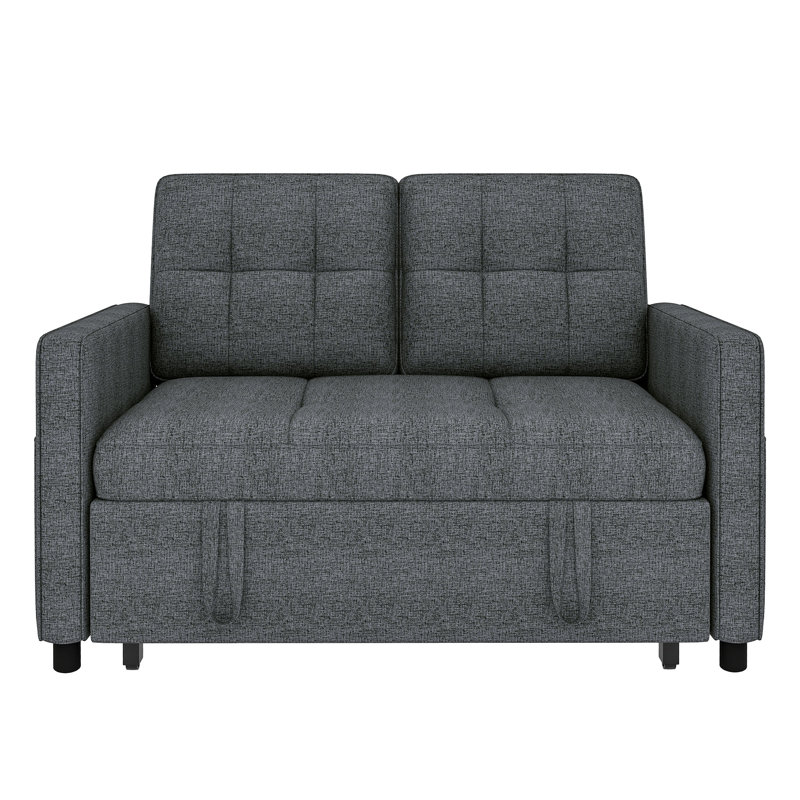 55" W Tufted Convertible Sofa Bed With Reclining Backrest & Side Pocket, Gray