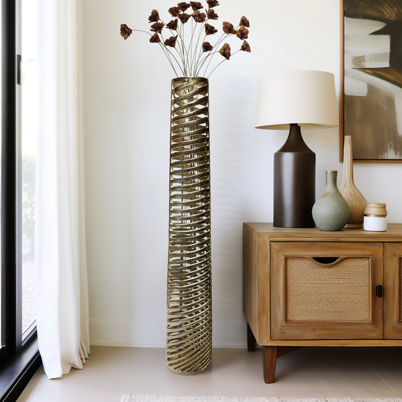 Vase de plancher contemporain en métal à cylindre pour table, Champagne, H 58 po x l 11 po x P 6 po