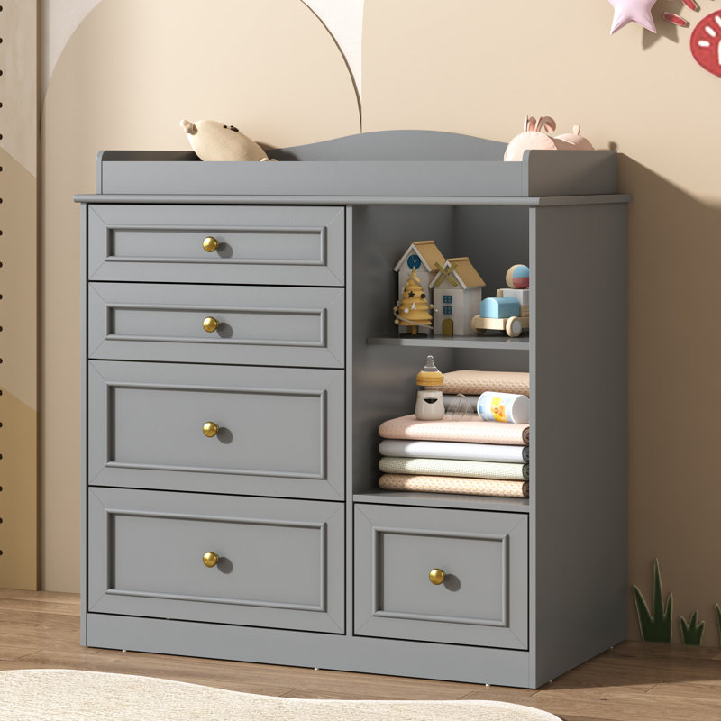 Commode à langer avec 5 tiroirs et 2 tablettes, Gris, 19.4"D x 35.4"W x 37.1"H