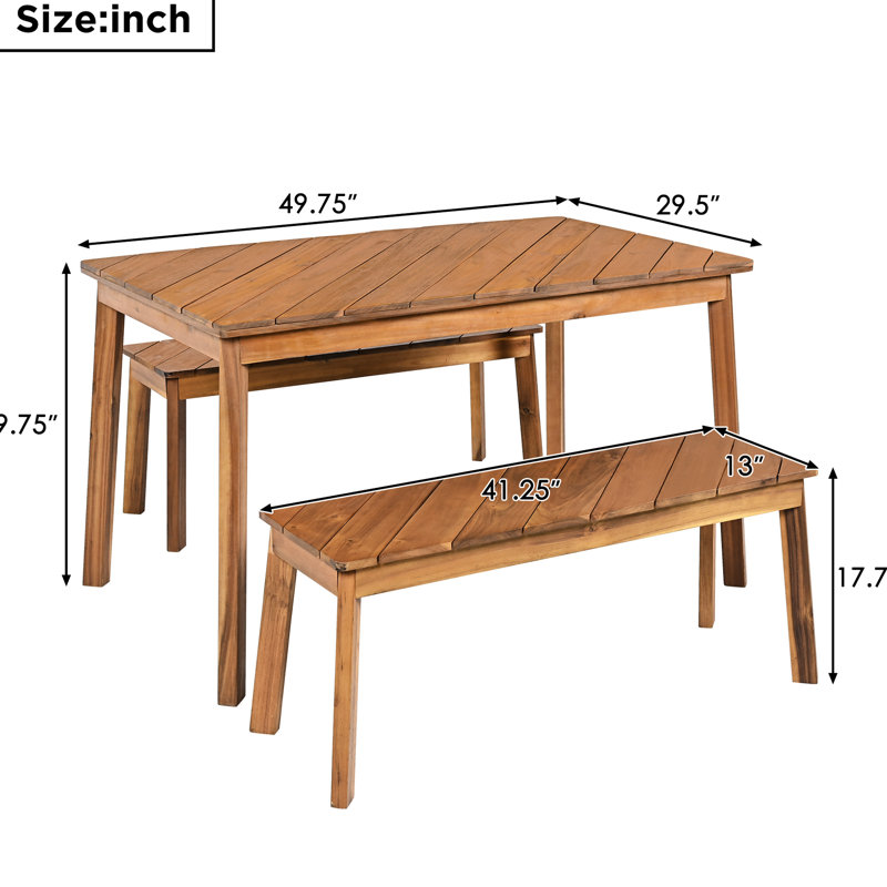 3 pièces en bois pour la salle à manger avec 2 bancs, pour les environnements extérieurs et intérieurs, bois grainé diagonal unique, installation rapide, stable sur tous les motifs - pièce de conception moderne, assemblage, repose-pieds réglables