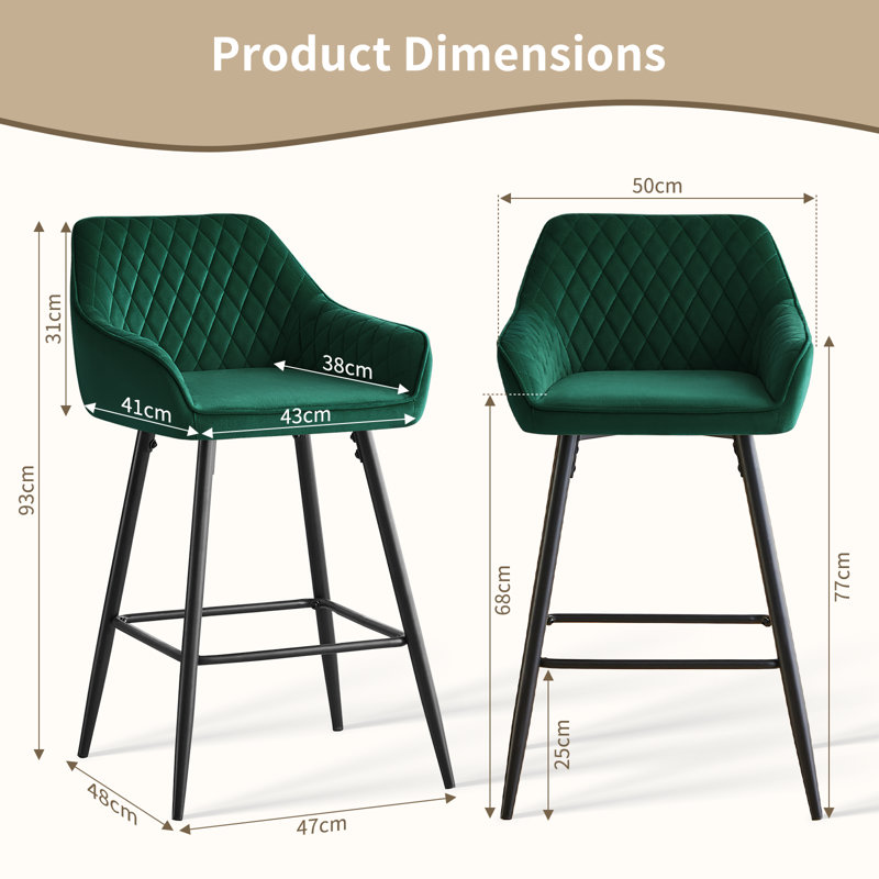 Saarrah 68cm Upholstered Bar Stool with Arms, 2, Green Velvet
