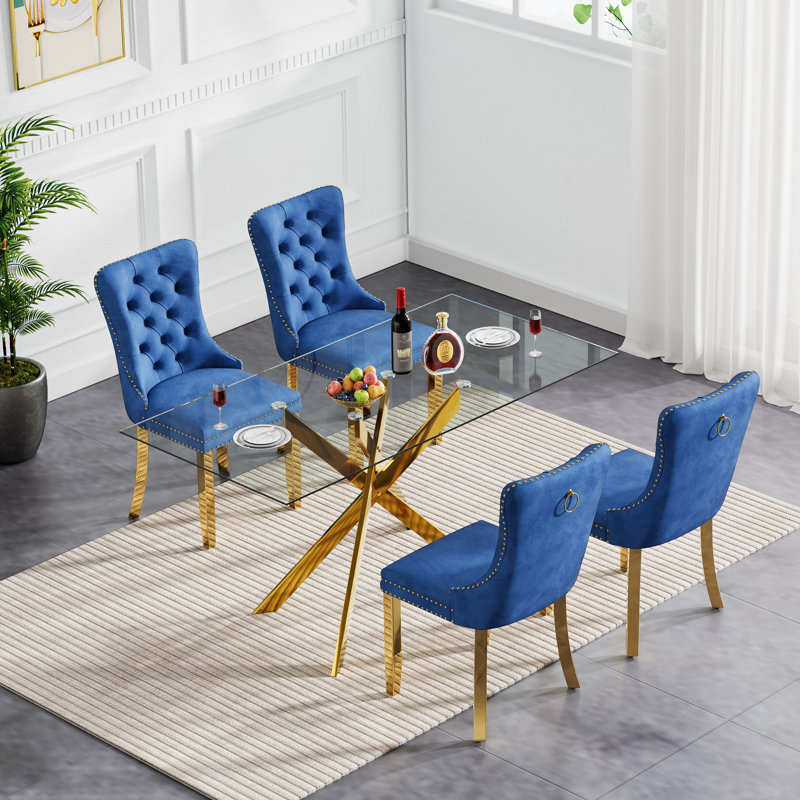 51" Glass Dining Table Set for 4, Modern Dining Room Table Set for 4, X-Shape Pedestal Glass Table with 4pcs Dining Chairs, 5 Piece Dining Set for Dining Living Room
