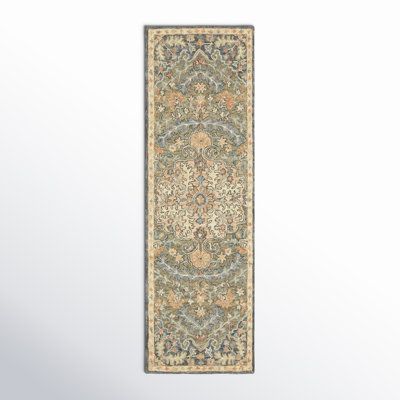 Tapis rouge / vert / bleu en laine crocheté à la main Eitelfritz