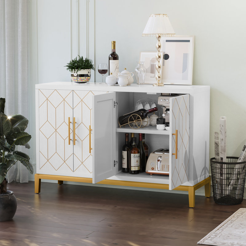4 Doors Sideboard Buffet Cabinet with Gold Trim, White, White