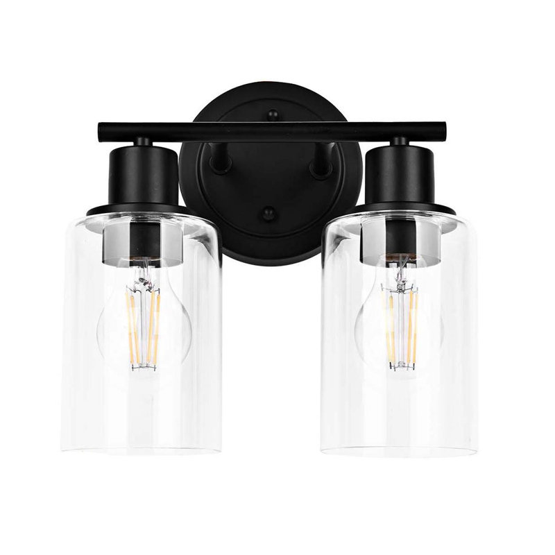  Bathroom Light Fixture with Clear Glass Shade, Matte Black, 2 Lights