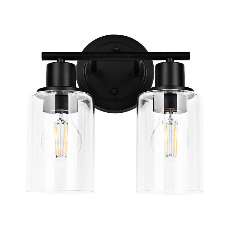  Luminaire de salle de bain avec abat-jour en verre transparent, Noir mat, Deux lumières