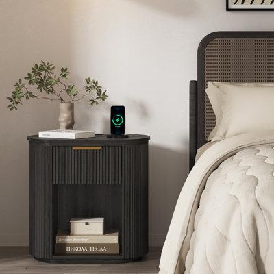 Reeded Nightstand With 1 Drawer, Open Shelf Storage Built-in Outlets USB Type-C Charging Station Set of 2