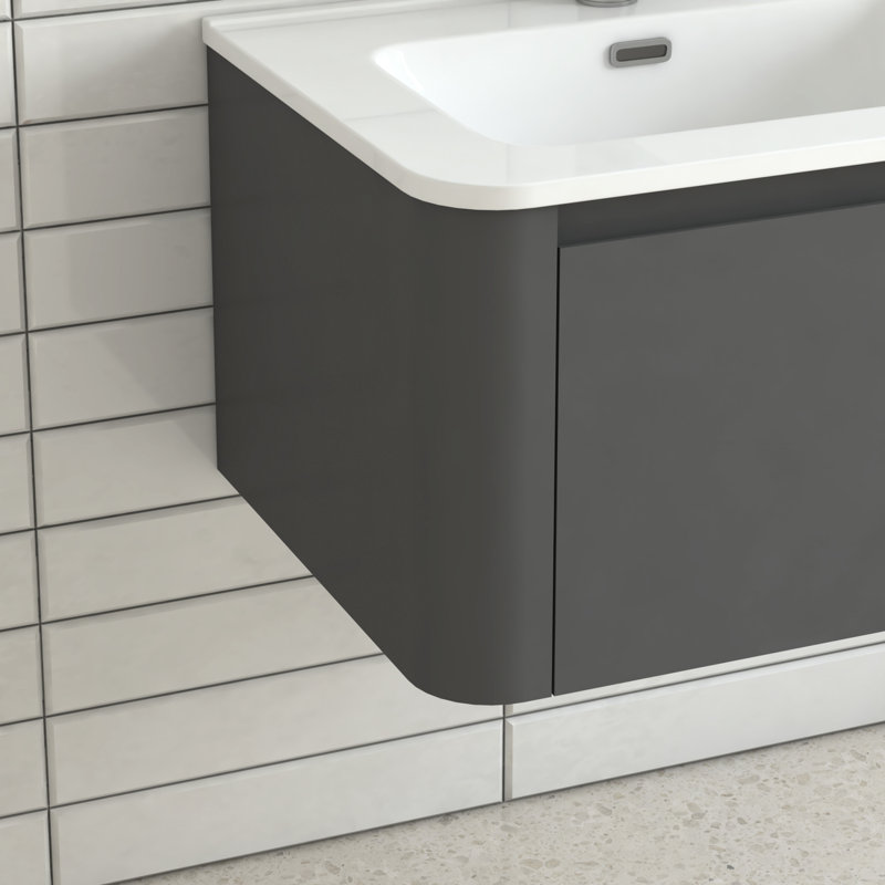 Meuble-lavabo gris avec dimensions de 24 pouces, conception flottante, lavabo en céramique blanche, 45 poignées en angle, tiroir à fermeture en douceur, imperméable, rangement spacieux, style européen pour la salle de bain, petites salles de bain idéales