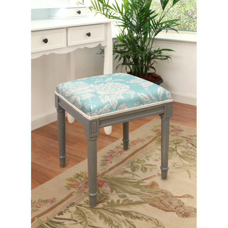 Tabouret de coiffeuse en lin gris avec pivoine grise, Blanc, Aqua