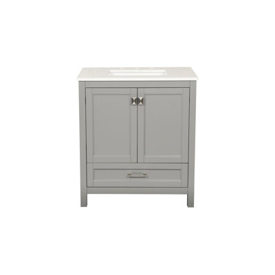 Meuble-lavabo autoportant de 30 po avec lavabo, comptoir en marbre d'ingénierie de Carrare avec lavabo rectangulaire encastré en céramique, grande porte de rangement à fermeture en douceur, structure en bois massif