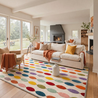 Tapis géométrique blanc / orange lavable à la machine avec envers antidérapant