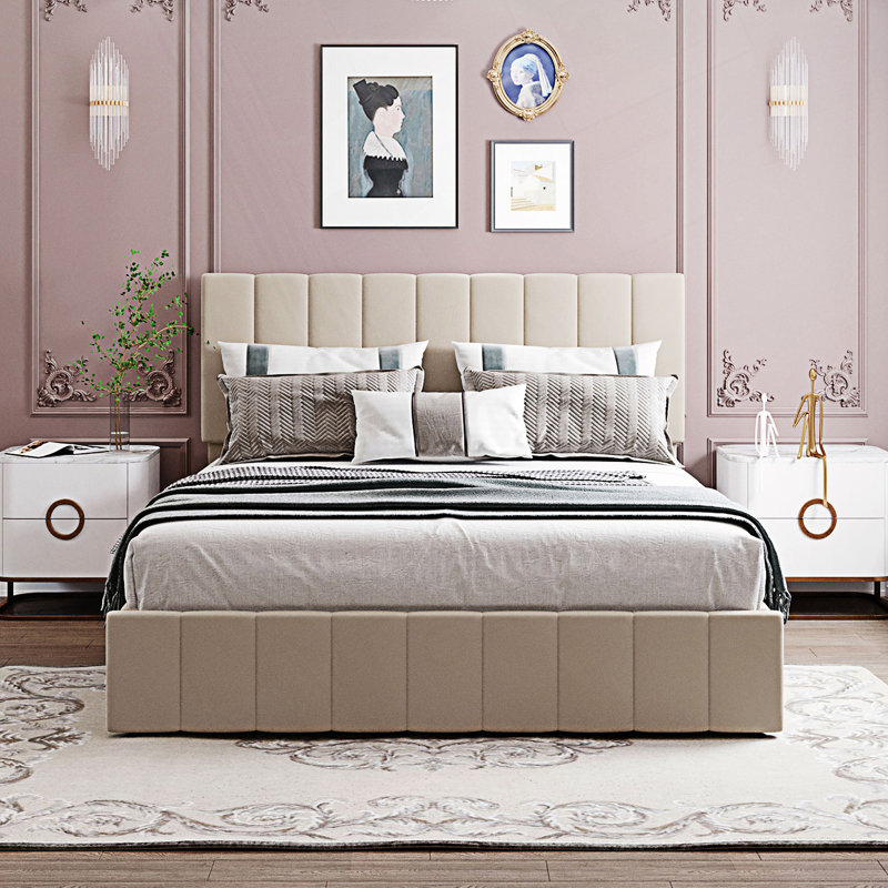 Grand lit plateforme tapissier avec système de rangement hydraulique, Beige, Grand lit