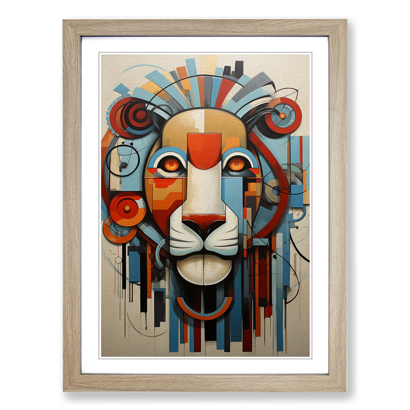 Lion Constructivism No.4 - Single Picture Frame Print on Wood, Oak, 64cm H x 46cm W x 2cm D
