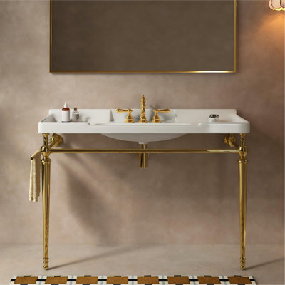 48" Gold Console Bathroom Sink (White/Black Basin) – Wall-Mounted Ceramic Vanity With Freestanding Stainless Steel Legs & Towel Bar (No Faucet)