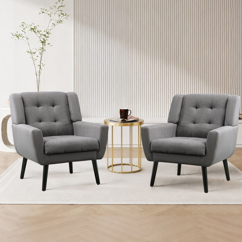 Tufted Upholstered Wide Back Armchair（Set of 2）, Light Gray Linen Blend
