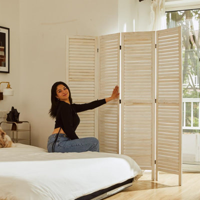 5.6 Ft Folding Room Divider - Louvered Wood Screen with Double Hinges in White, Brown, Natural