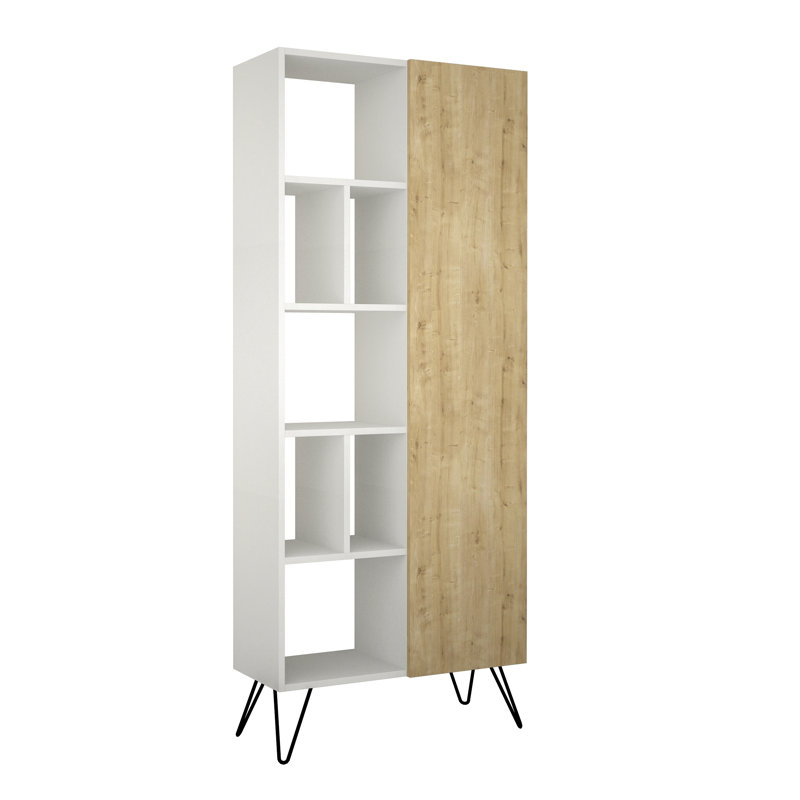 Mull Modern Bookcase with Metal Legs 7 Open 4 Closed Compartments, White/Oak
