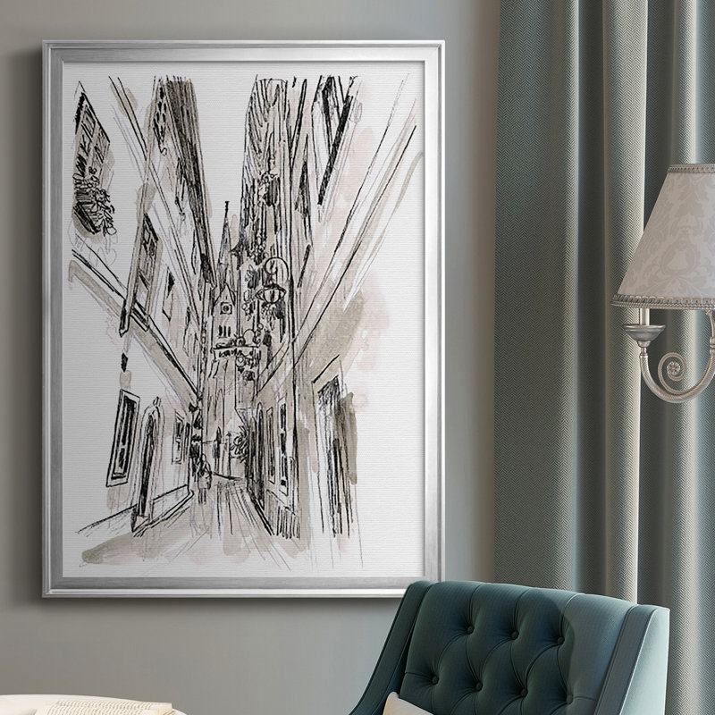 «Europe Street Sketches III», reproduction encadrée de qualité supérieure - prête à être accrochée, Argent