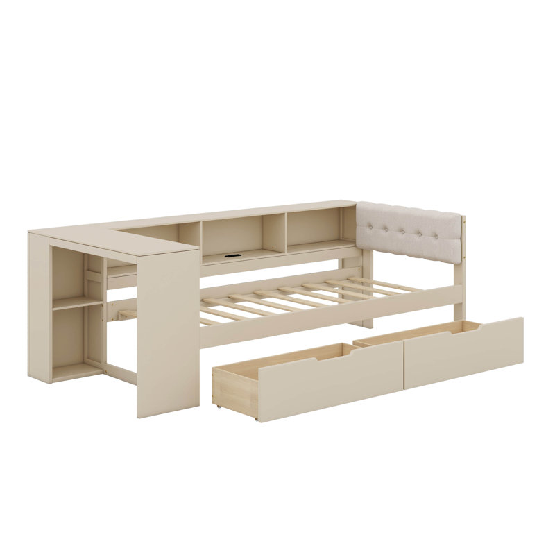 Lit plateforme avec tablettes, tiroirs, station de charge et tête de lit tapissier, Lit simple, Crème, crème