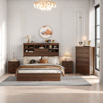 Ensemble de chambre à coucher 4 pièces, lit en bois avec tête de rangement et station de charge, 2 tables de chevet avec 2 tiroirs, 1 commode avec 5 tiroirs