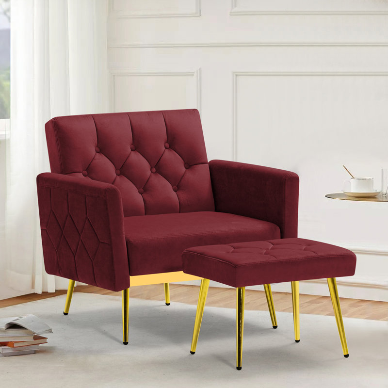 Zianny Velvet Accent Chair with Ottoman, Red Velvet