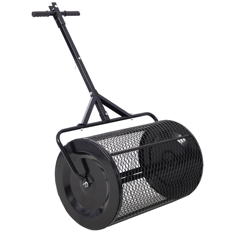 Compost Spreader, Steel, 1 Piece, Peat Moss Roller, Black, with 2-in-1 ATV and T-Shaped Handle