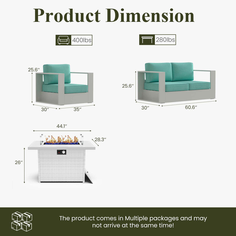 Modern Outdoor Aluminum 4-piece Conversation Set With Firepit Table, Teal Cushion/White Frame