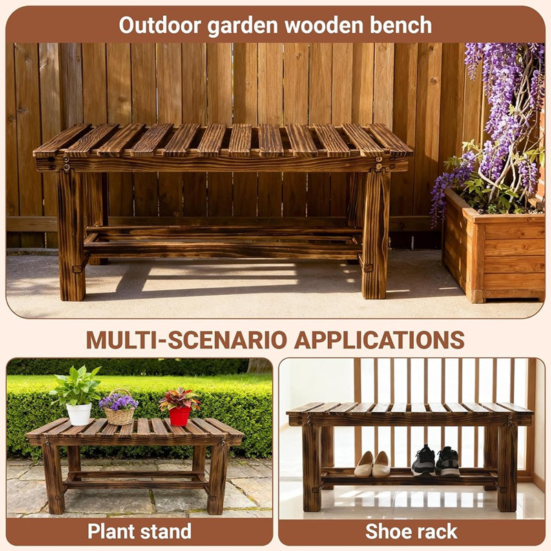 Banc de jardin en bois brun 35,5 pouces, siège sans dossier pour 2 personnes avec mortaise et tenon