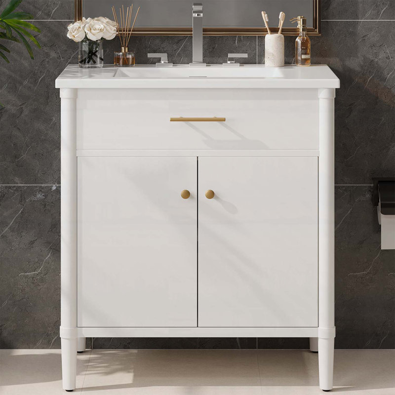Meuble-lavabo 31 po avec lavabo, portes à fermeture douce, tablette ajustable, pieds courbés, Blanc