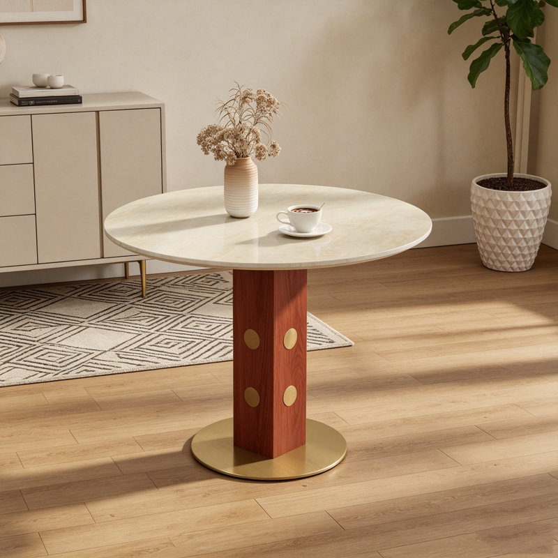 33.5" Modern Round Dining Table, Matte Cave Stone Slate Top with Wooden Legs & Gold Base, 2-Seater Small Space Kitchen Table, 150lbs Capacity