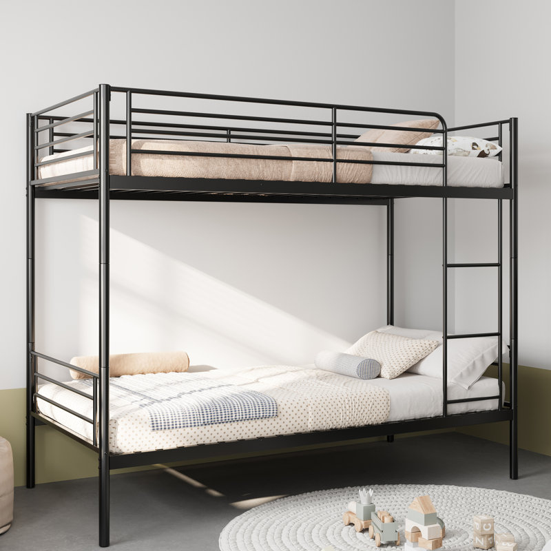Lit superposé avec échelle et garde-corps haut, capable de se diviser, lit superposé en métal, espace de rangement, silencieux, taille simple sur simple, noir