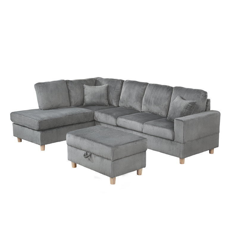 3Pc Velvet Corduroy Reversible Sectional With Chaise, Drop Down Table, And Storage Ottoman, Dark Gray Velvet