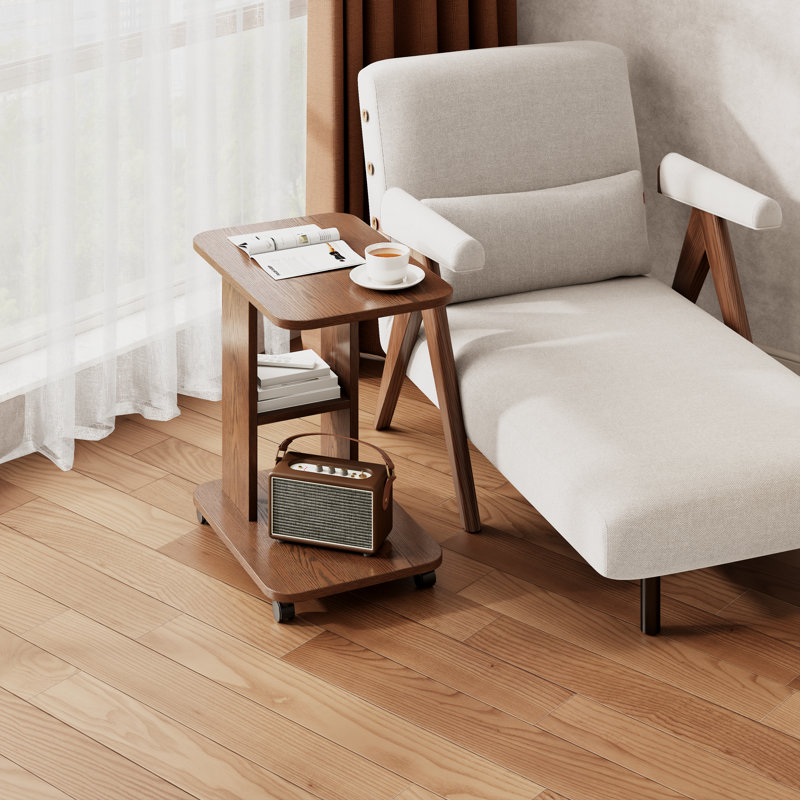 Mobile 2-Tier Wooden C-Shaped Side Table with Wheels, Compact End Table for Sofa or Bed, Brown