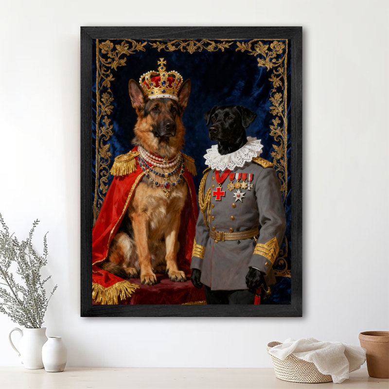 Reproduction d'art encadré noir rétro avec berger allemand et chien, H 37 po x l 25 po