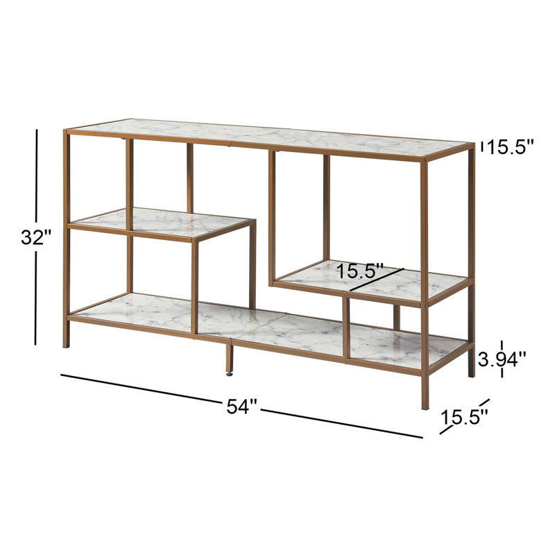 Carbone Modern Media Console Table with Open Geometric Shelves and Faux Marble Top
