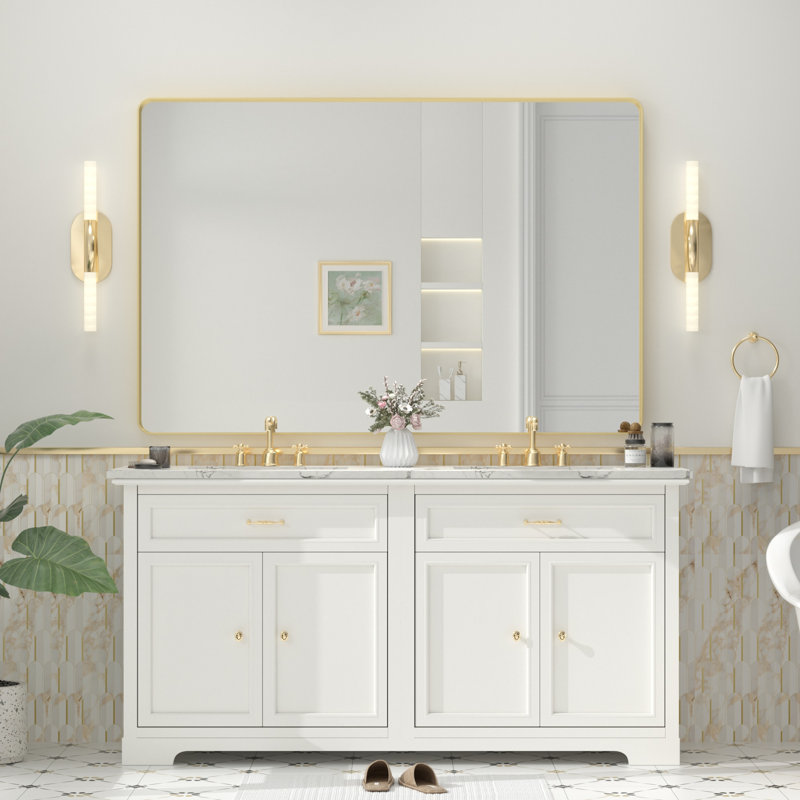 Molly Tempered Glass and Metal Framed French Cleat Mounted Wall Bathroom / Vanity Mirror, 60" x 40", Gold