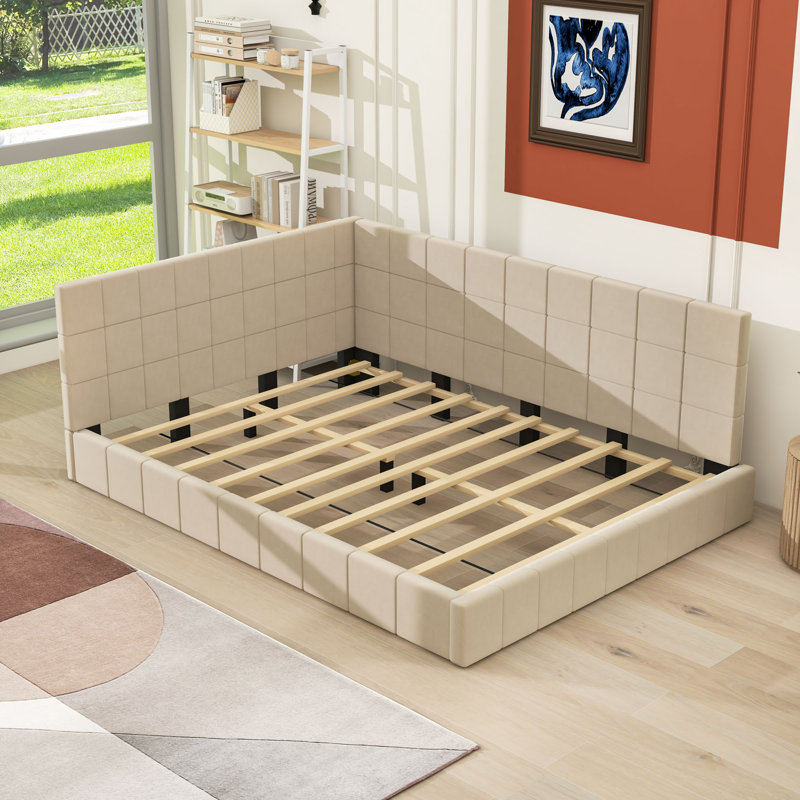 Full Size Upholstered Daybed Frame with Slats, Beige