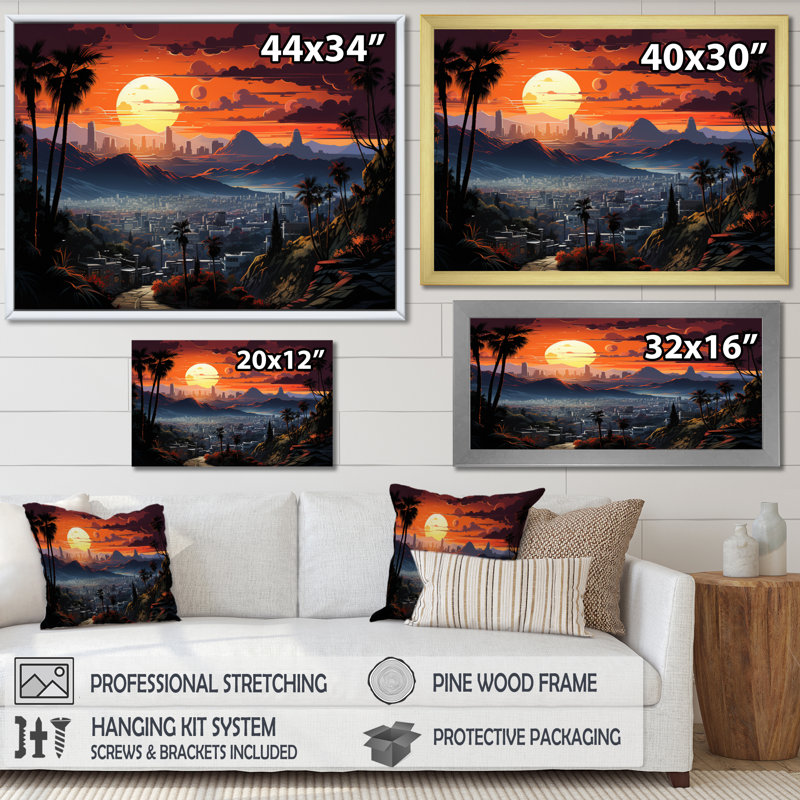 «Malacay Orange Grey City», impression de Los Angeles, Cadre flottant blanc, H 34 po x l 44 po x P 1,5 po