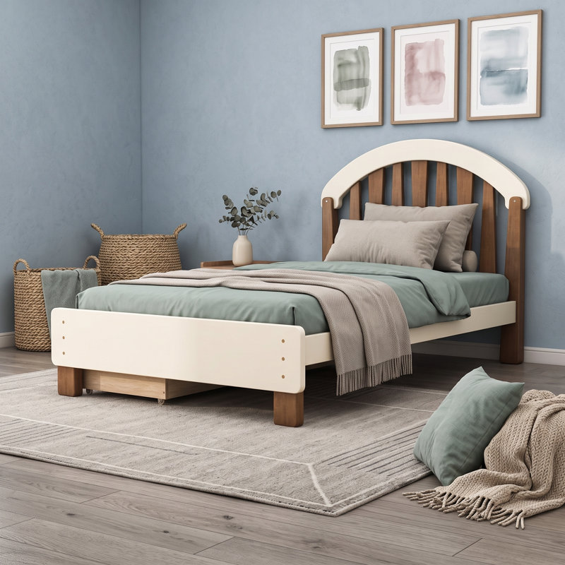 Lit plateforme en bois avec tiroirs de rangement et tête de lit ronde, Lit simple, Beige profond naturel