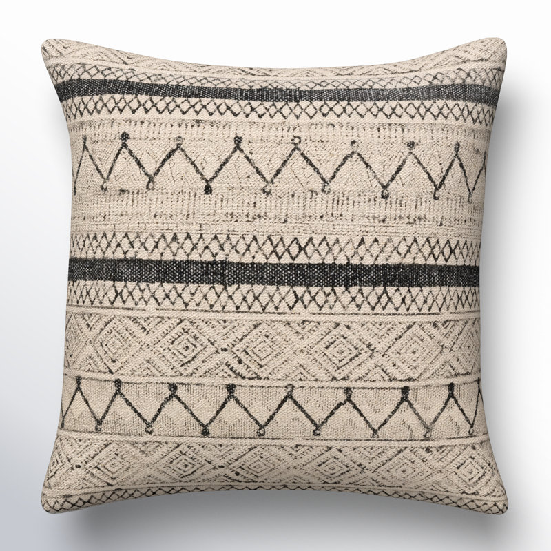 Oreiller carré en coton Zetta, Beige clair / Noir, Housse de coussin seulement - sans coussin, 20 po x 20 po
