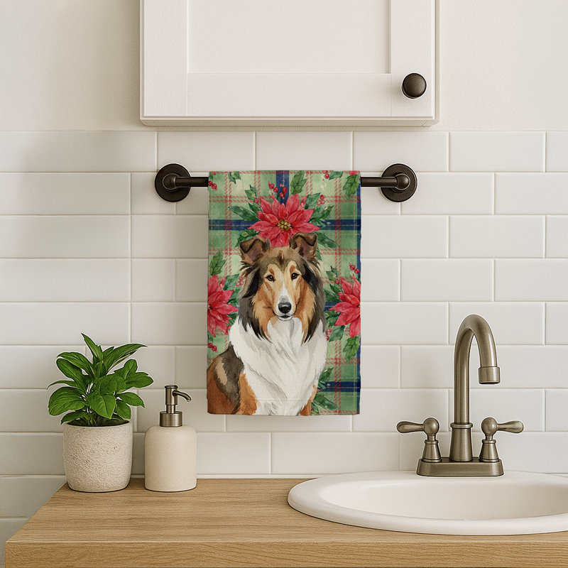 Sable Collie Christmas PoinsettIas Kitchen Towel, Sable Collie