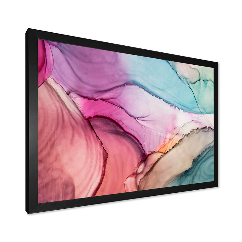 Marbre luxueux turquoise liquide - art mural moderne sur toile, H 24 po x l 36 po x P 1 po, Toile avec cadre noir