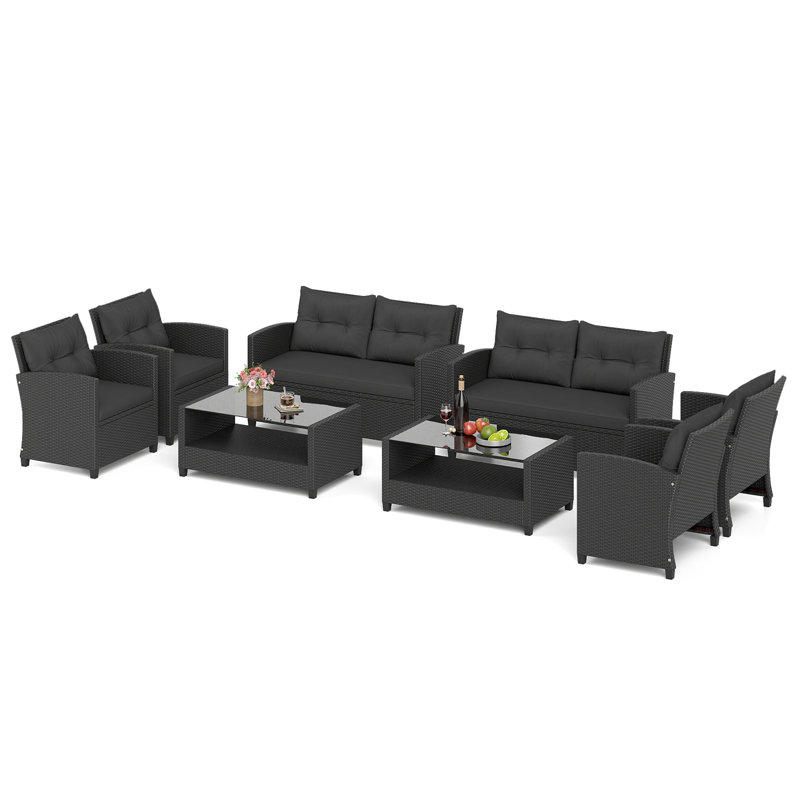 8 pièces Ensemble de meubles d'extérieur en rotin avec coussins pour table avec accoudoirs et tablette inférieure - noir