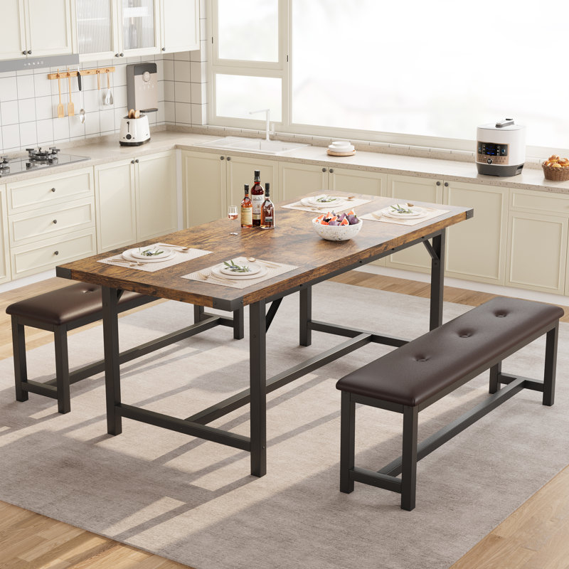 Ensemble de table de salle à manger extensible 3 pièces pour 4 à 6 personnes avec 2 bancs rembourrés, bois brun rustique et table en métal