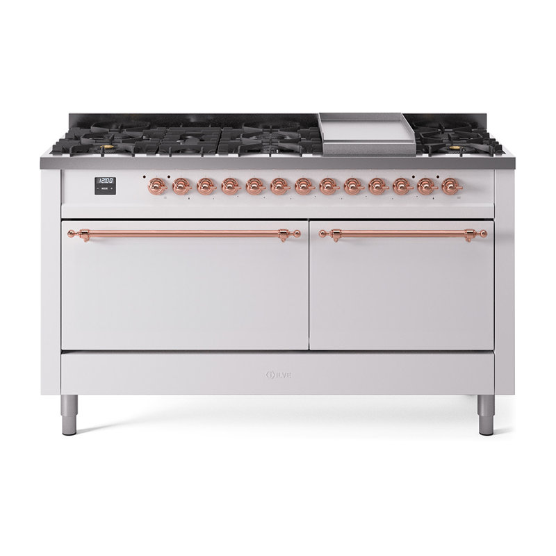 ILVE Nostalgie II Series 60 inch Dual Fuel Range with 9 Sealed Burners, Griddle (Solid Door), Natural Gas, White/Copper