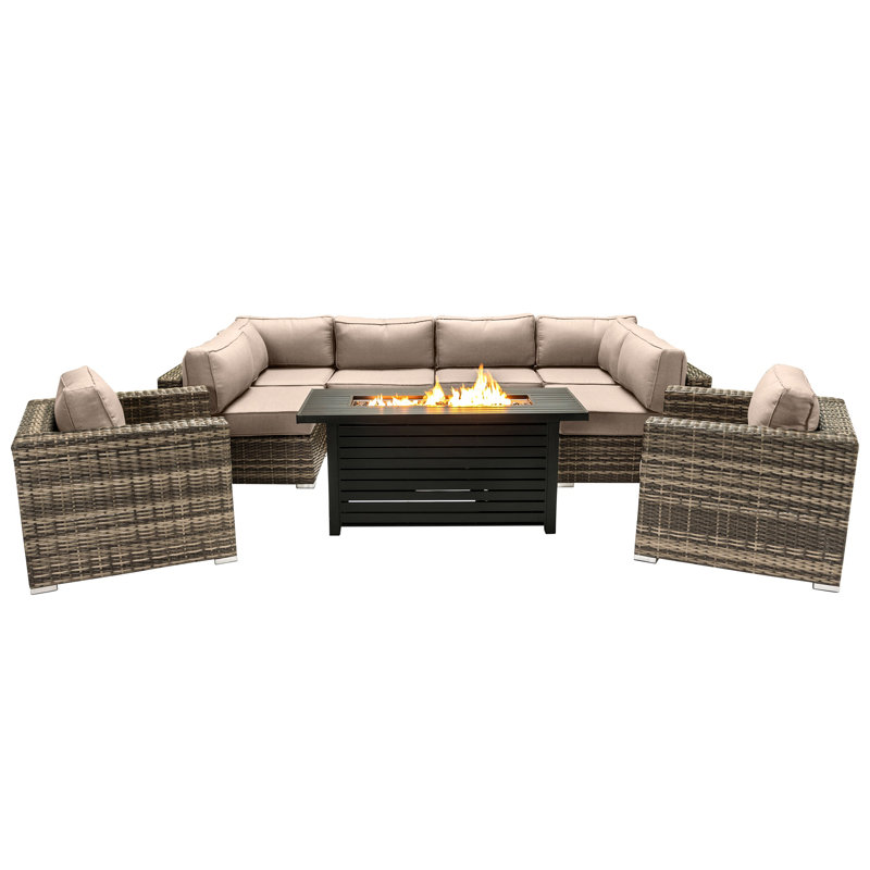 Ensemble de conversation modulaire 9 pièces avec foyer en métal et coussins Sunbrella Lsi, Beige