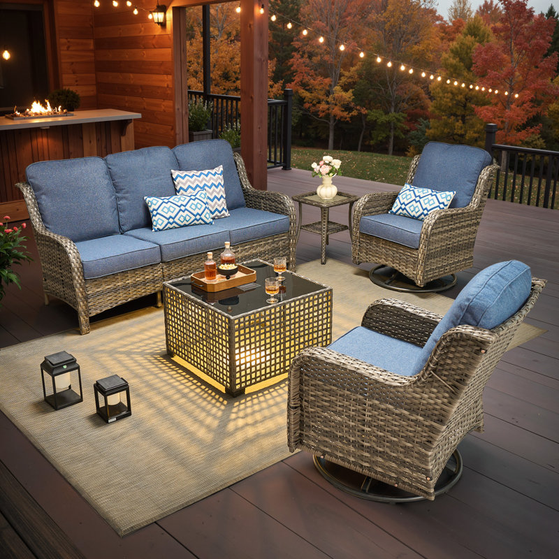 Ensemble de meubles de patio en osier 6 pièces toutes saisons Cracraft, 6 pièces: 3 tables, 2 chaises, canapé, Bleu denim